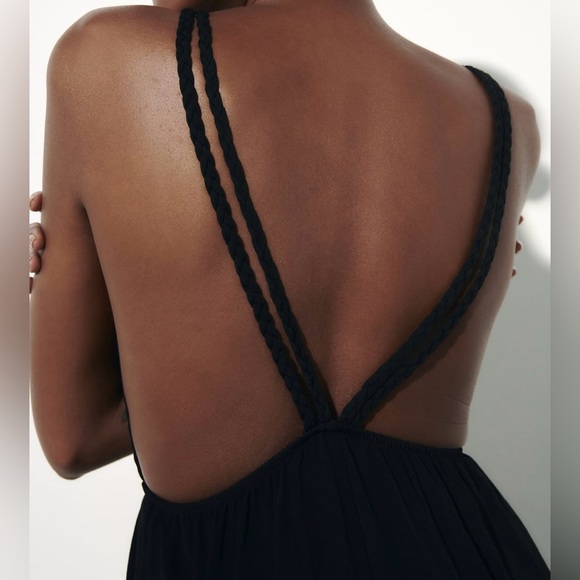 NWT ZARA Braided Strap Black  Jumpsuit Backless Wide Leg Trouser Size Large - Picture 5 of 6
